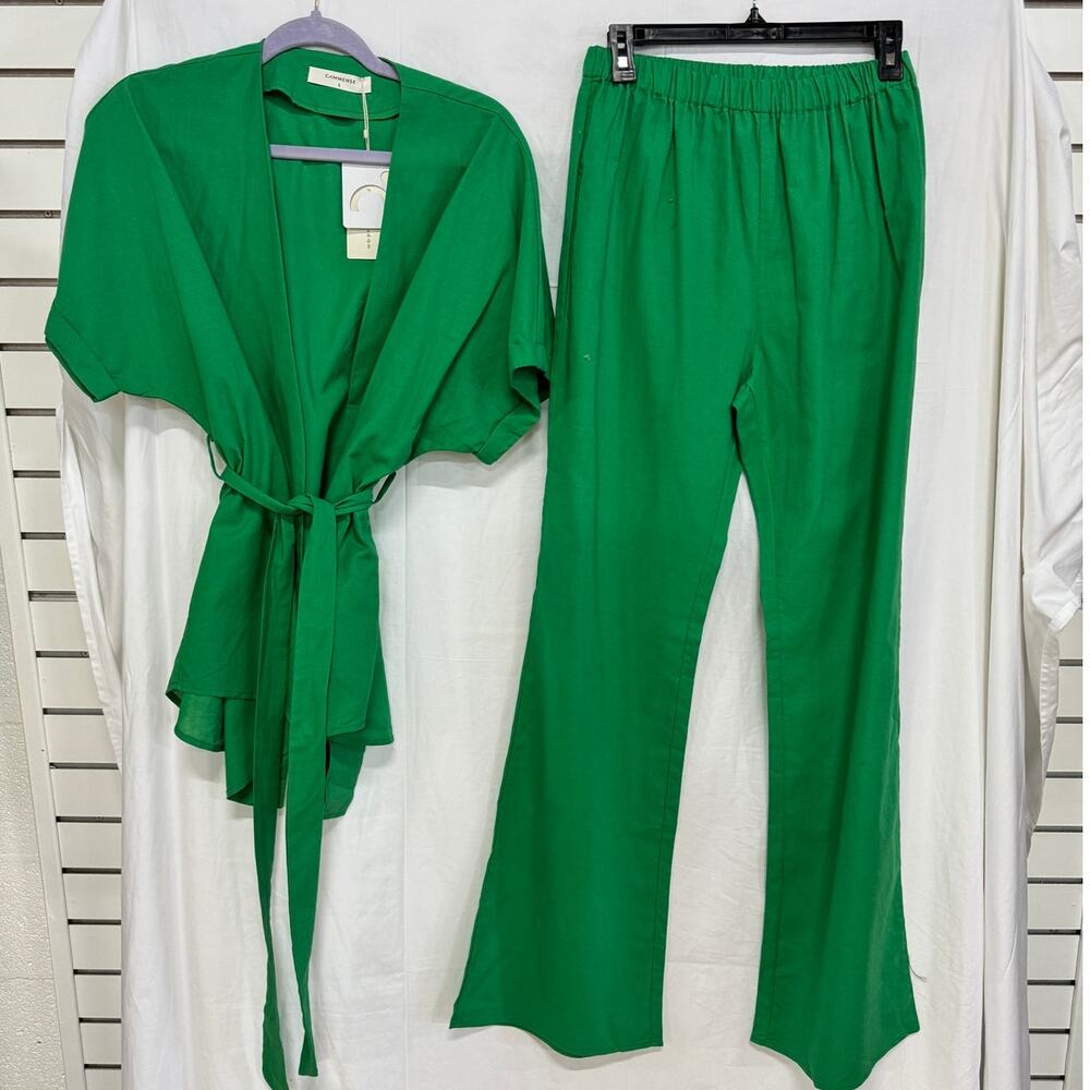 NWT Commense Oversized Belted Top &  Wide Leg Pants Set Green Women's Size S - Picture 2 of 5